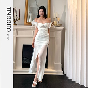 装 小众设计抹胸褶皱连衣裙蝴蝶结手袖 饰礼服7520 JINGGUO轻奢