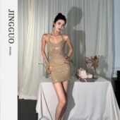 小众设计高级感重工烫钻挂脖修身 JINGGUO轻奢 礼服连衣裙7550