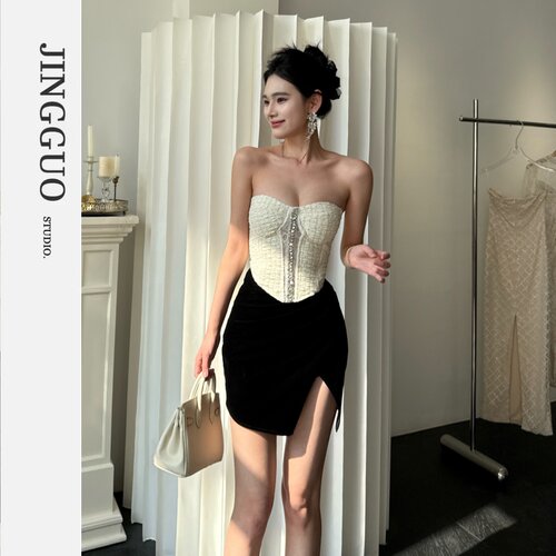 【JINGGUO轻奢】小众设计性感抹胸钻饰上衣半身裙黑白配套装7611