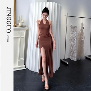 显瘦针织挂脖连衣裙7536 小众设计感气质名媛修身 JINGGUO轻奢