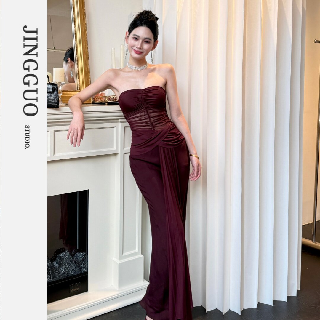 【JINGGUO轻奢】小众设计感抹胸收腰褶皱飘带性感礼服连衣裙7299a,女装/女士精品,礼服/晚装,淘宝优惠券,粉丝福利购,淘宝优惠卷