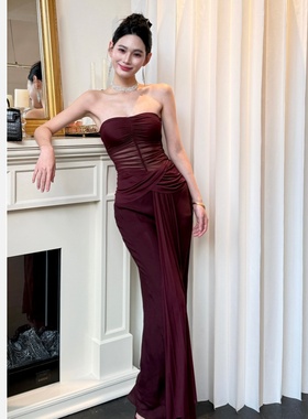 【JINGGUO轻奢】小众设计感抹胸收腰褶皱飘带性感礼服连衣裙7299a