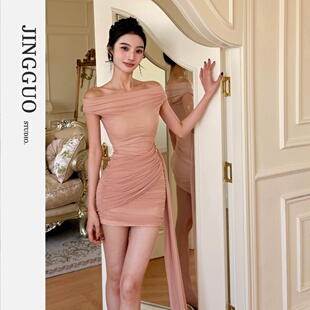 小众设计法式 性感一字肩褶皱修身 显瘦连衣裙7598 JINGGUO轻奢