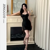 显瘦挂脖连衣裙女7493 小众设计纯欲紧身束腰修身 JINGGUO轻奢