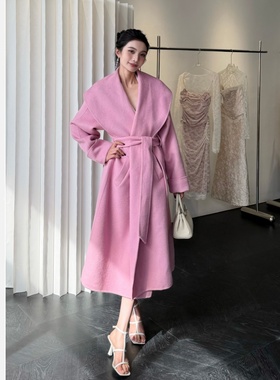 【JINGGUO轻奢】老钱风粉色羊毛超长款毛呢大衣束腰翻领外套6945