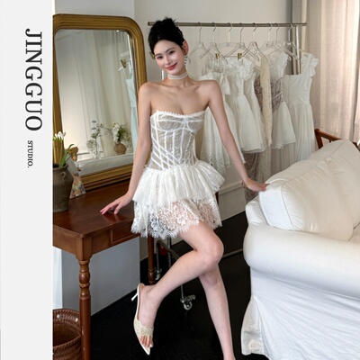 【JINGGUO轻奢】小众设计高级感法式蕾丝鱼骨束腰显瘦连衣裙7630