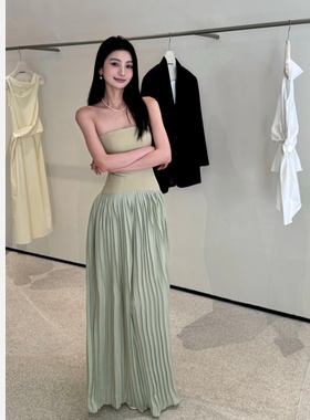 【JINGGUO轻奢】小众设计名媛抹胸长裙气质高级感百褶连衣裙7384