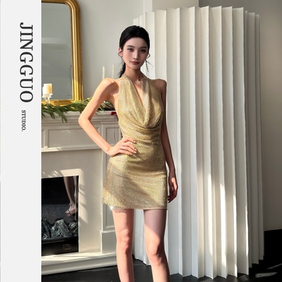 【JINGGUO轻奢】设计感法式高级感烫钻挂脖无袖深V荡领连衣裙7597