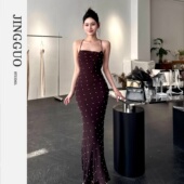 连衣裙7551 小众设计高级感钉钻吊带露背系带修身 JINGGUO轻奢