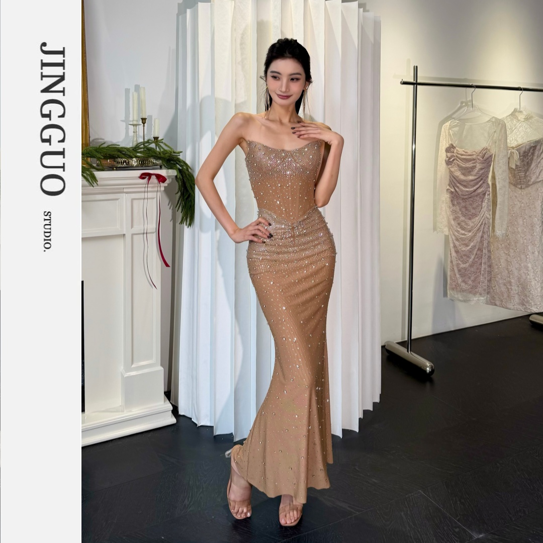 【JINGGUO轻奢】小众法式高级感重工满钻抹胸礼服修身连衣裙7235
