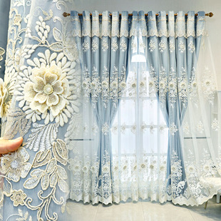 热销新款 浮雕立体绣花纱双层遮光布客厅卧室结婚成品阳台定制窗帘