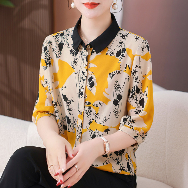 妈妈夏装时尚真丝衬衫女桑蚕丝长袖t恤上衣大码中老年人洋气套装