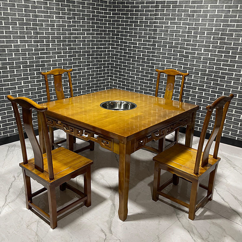 包邮实木大理石方桌商用火锅桌煤气灶电磁炉一体火锅桌椅组合