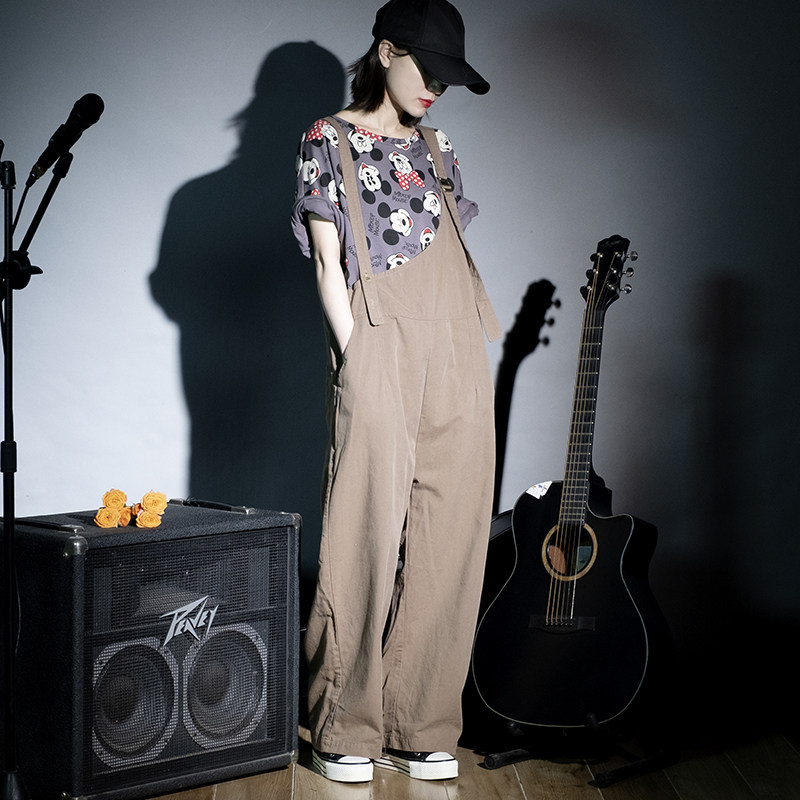 芊芊蔚蓝 日系复古设计感不对称高腰背带裤 宽松休闲裤夏季D312曲