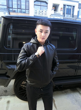 皇家男爵v秋冬季加绒PU亮面皮衣外套连帽2023修身男士机车皮夹克