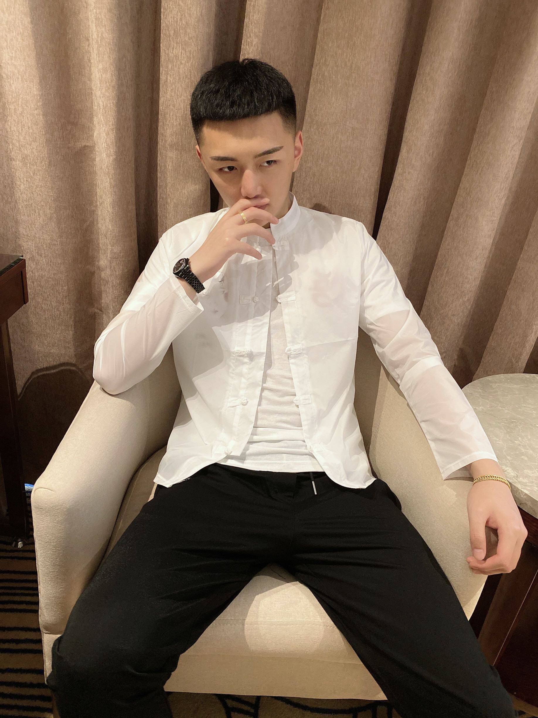 中国风立领盘扣白色衬衫男夏季修身超薄防晒外套中式男装