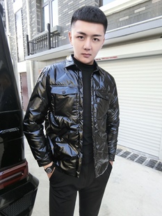 男爵v冬季男士翻领港风亮面PU棉服夹克外套社会小伙痞帅棉衣