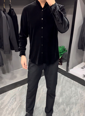 25331秋冬男士修身金丝绒立领轻奢休闲商务长袖衬衣衬衫开衫 黑色