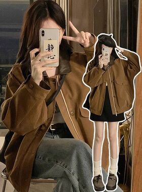 复古美拉德麂皮绒外套女2026早春季新款拼接翻领宽松棕色夹克上衣