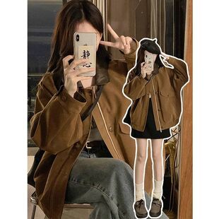 复古美拉德麂皮绒外套女2026早春季新款拼接翻领宽松棕色夹克上衣