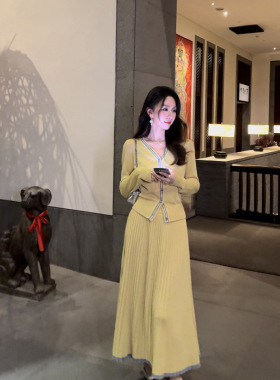 春季高级感穿搭一整套独特漂亮叠穿巨好看的黄色上衣两件套装裙女