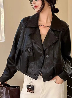 西装领皮衣外套女2026春季款欧版时尚短款褶皱设计感气质百搭上衣