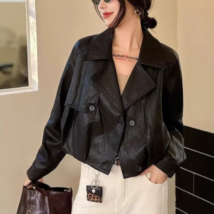 领皮衣外套女2026春季 短款 款 时尚 褶皱设计感气质百搭上衣 欧版 西装