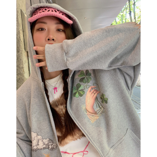 外套 女装 Dazi金大支印花连帽拉链卫衣女2025新款 秋冬韩系胖mm大码