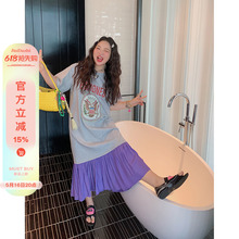 金大支撞色拼接T恤连衣裙女夏季2025新款大码胖mm显瘦遮肚裙子