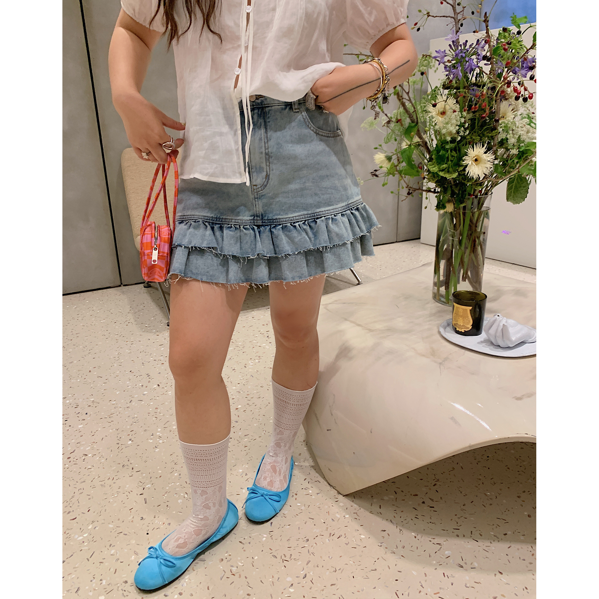 金大支荷叶边牛仔裙女半身裙夏季2025新款大码胖mm显瘦a字短裙子