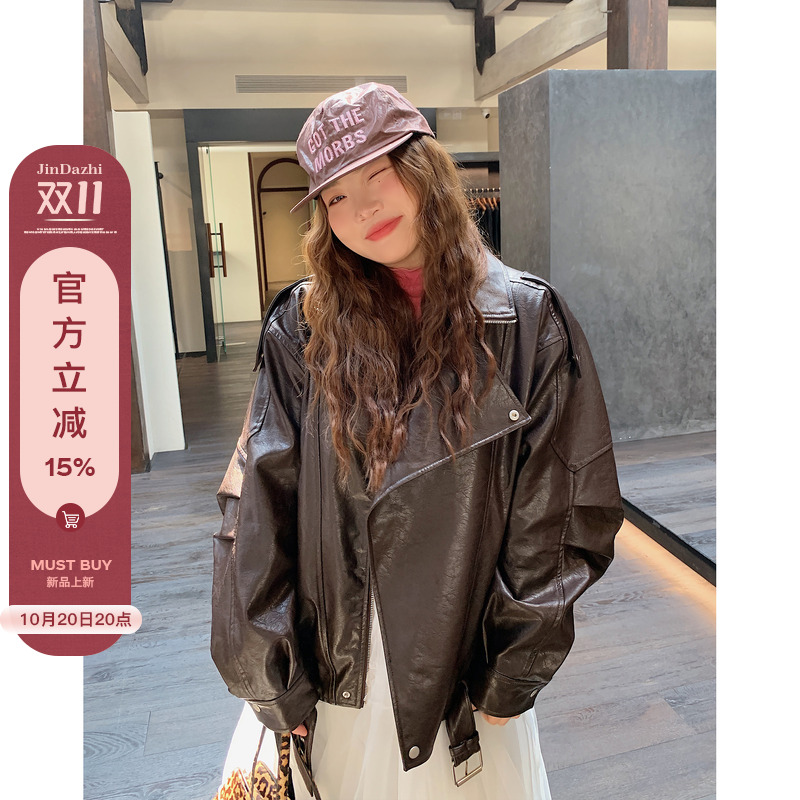 金大支pu皮衣外套女短款2025新款秋冬酷飒风美拉德大码棕色机车服
