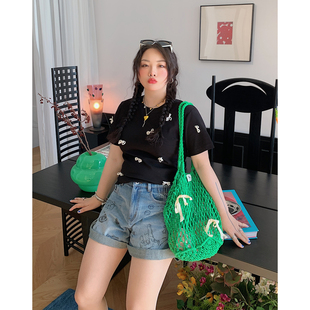 上衣 Dazi金大支珍珠手工蝴蝶结T恤女短袖 夏季 2025年新款 胖mm大码