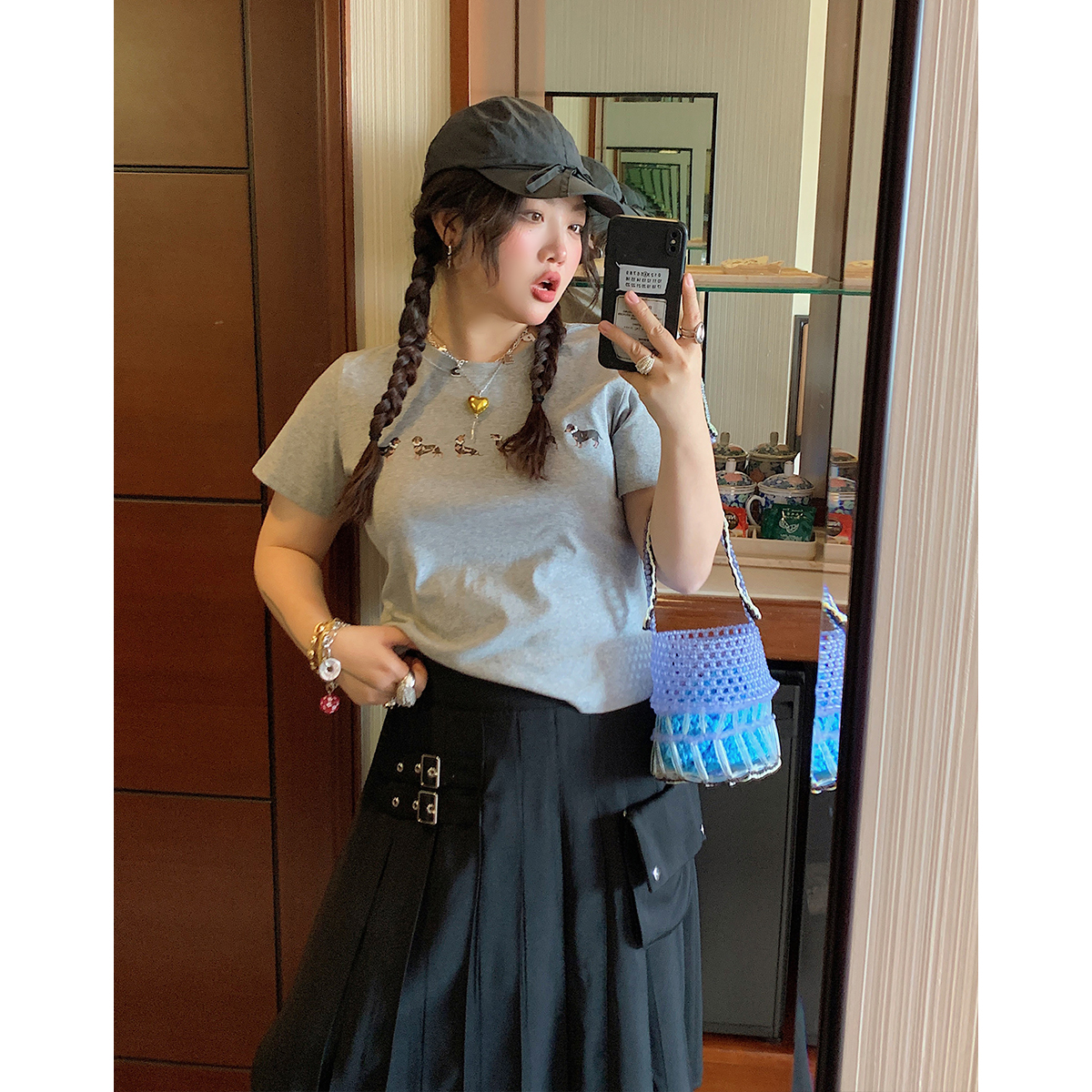 Dazi金大支珍珠短袖T恤女上衣