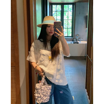 Dazi金大支立体花短袖T恤女2025新款夏季设计感小众胖mm大码上衣