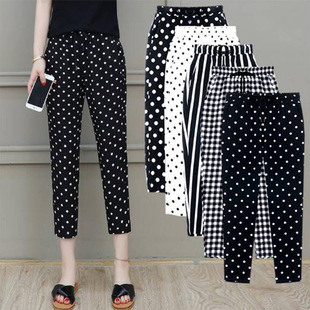 女格子2026夏季 显瘦百搭松紧腰七分裤 新款 女裤 子潮 时尚 波点哈伦裤