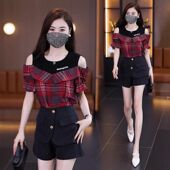 女夏季 衬衫 胖妹妹假两件拼接露肩上衣 设计感小众复古格子短袖 大码