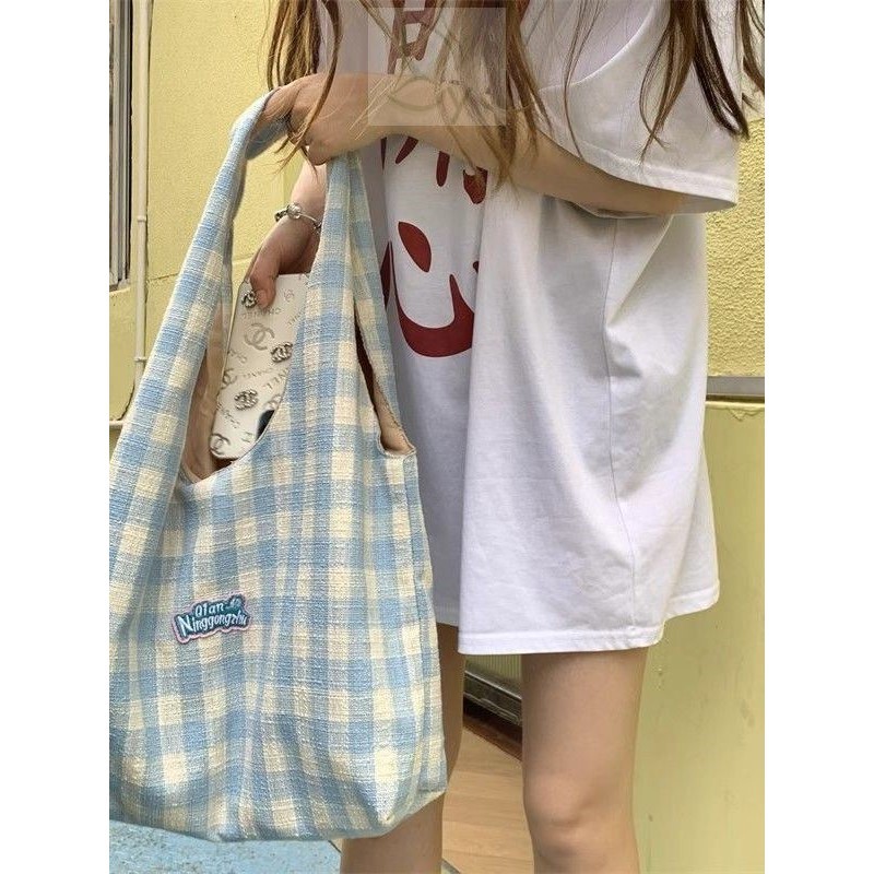 韩系购物袋清新格子帆布包女手提休闲托特包大容量上课通勤单肩包