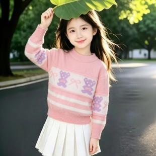 韩版儿童秋冬粉色毛衣女童洋气针织衫套头打底衫女孩保暖毛线衣潮