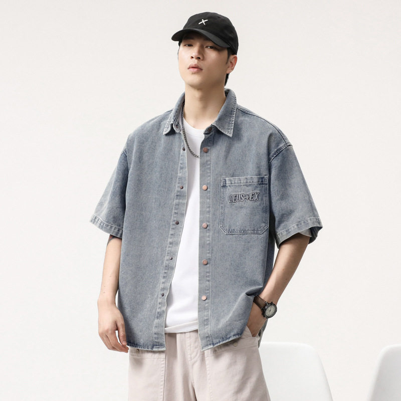 美式复古简约牛仔短袖衬衫外套男生夏季2025新款感痞帅寸衣服