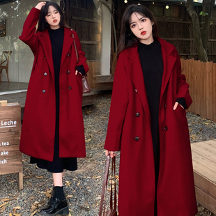 实拍加厚酒红色毛呢外套女秋冬装大码胖MM中长款结婚礼服呢子大衣