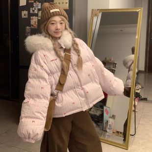 网图美式设计感条纹蝴蝶结毛领连帽棉服外套冬季加厚保暖棉衣女