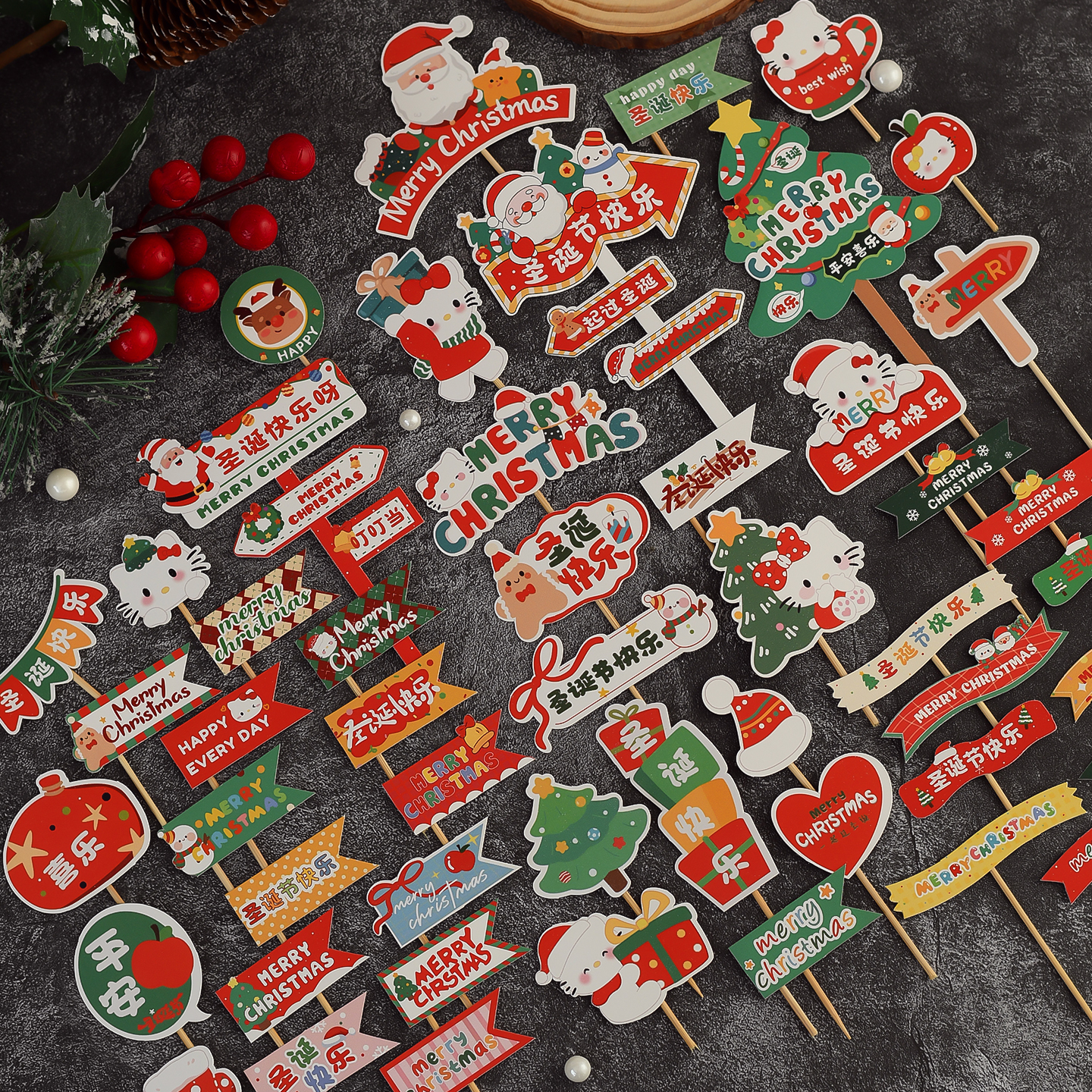 新款圣诞节插排蛋糕装饰圣诞路牌圣诞老人可爱KT猫圣诞快乐装饰品