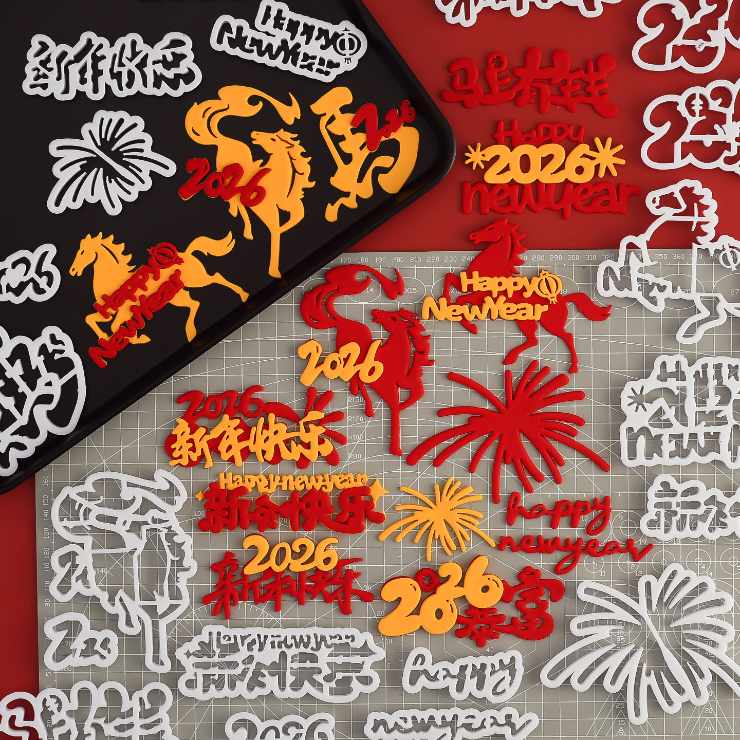 糖堡森林2026新年快乐英文马年礼花翻糖切模蛋糕装饰模具烘焙压模