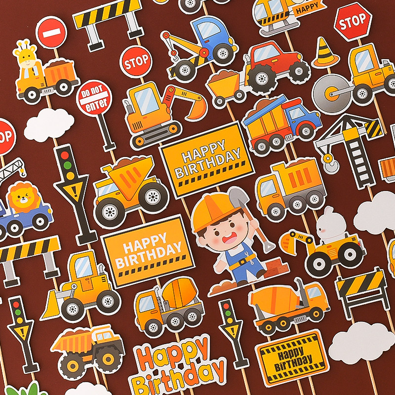 工程车挖掘机蛋糕装饰摆件挖土机男孩周岁卡通推土机儿童路障插件