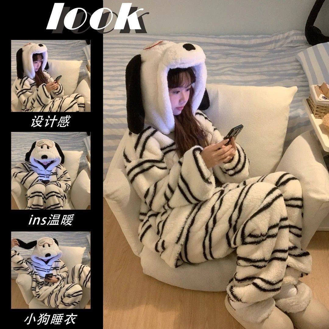 可爱黑白条纹布莱恩特睡衣女秋冬季加厚珊瑚绒连帽长裤家居服套装