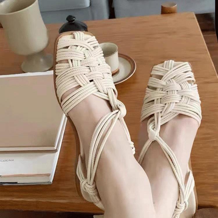 小众hereu法式复古T字带手工编织包头凉鞋女平底舒适休闲罗马凉鞋
