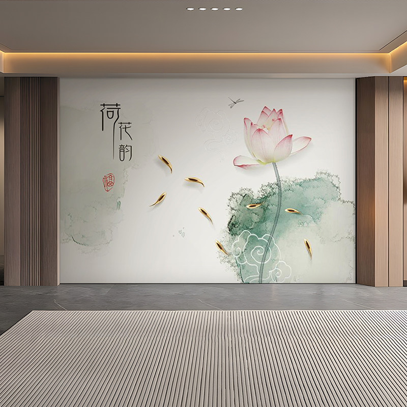 定制壁画新中式淡雅水墨荷花电视背景墙壁纸古风客厅沙发影视墙布