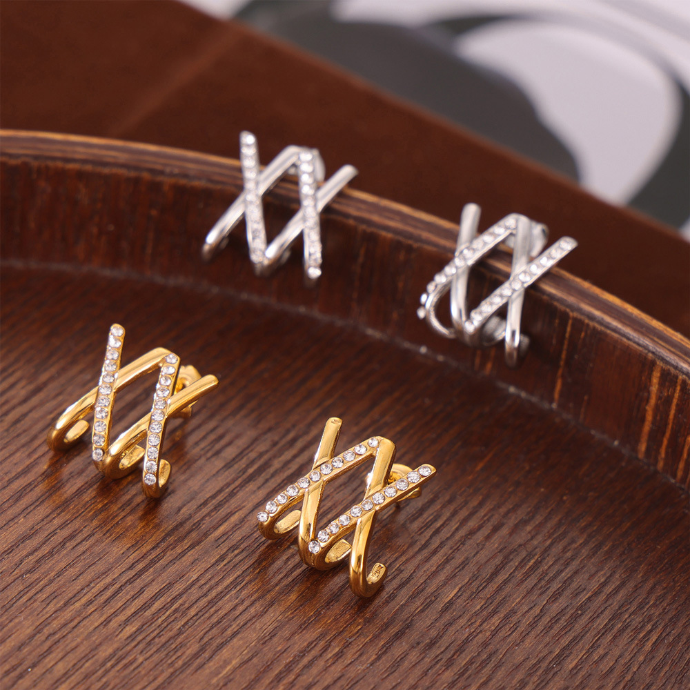 欧美复古交叉镶钻耳钉ins小众独特设计X字母气质百搭钛钢耳环现货
