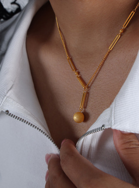 磨砂圆珠吊坠项链钛钢18k金西太后百搭个性锁骨链女气质饰品