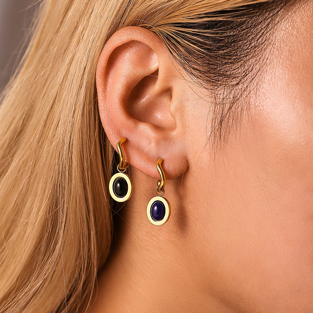梦幻欧美ins风椭圆玛瑙耳环女不锈钢镀18K金精致优雅耳坠耳饰